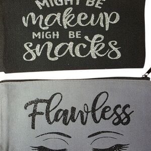 Black and Gray Makeup Pouches with Glitter Text